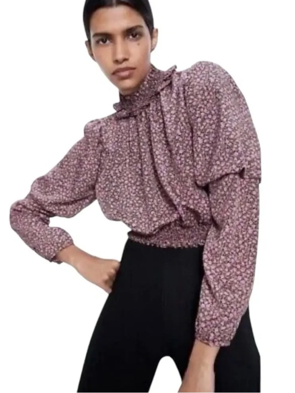 Zara Smocked Floral Puff Sleeve Keyhole Back Black and Pink Floral Print Blouse
